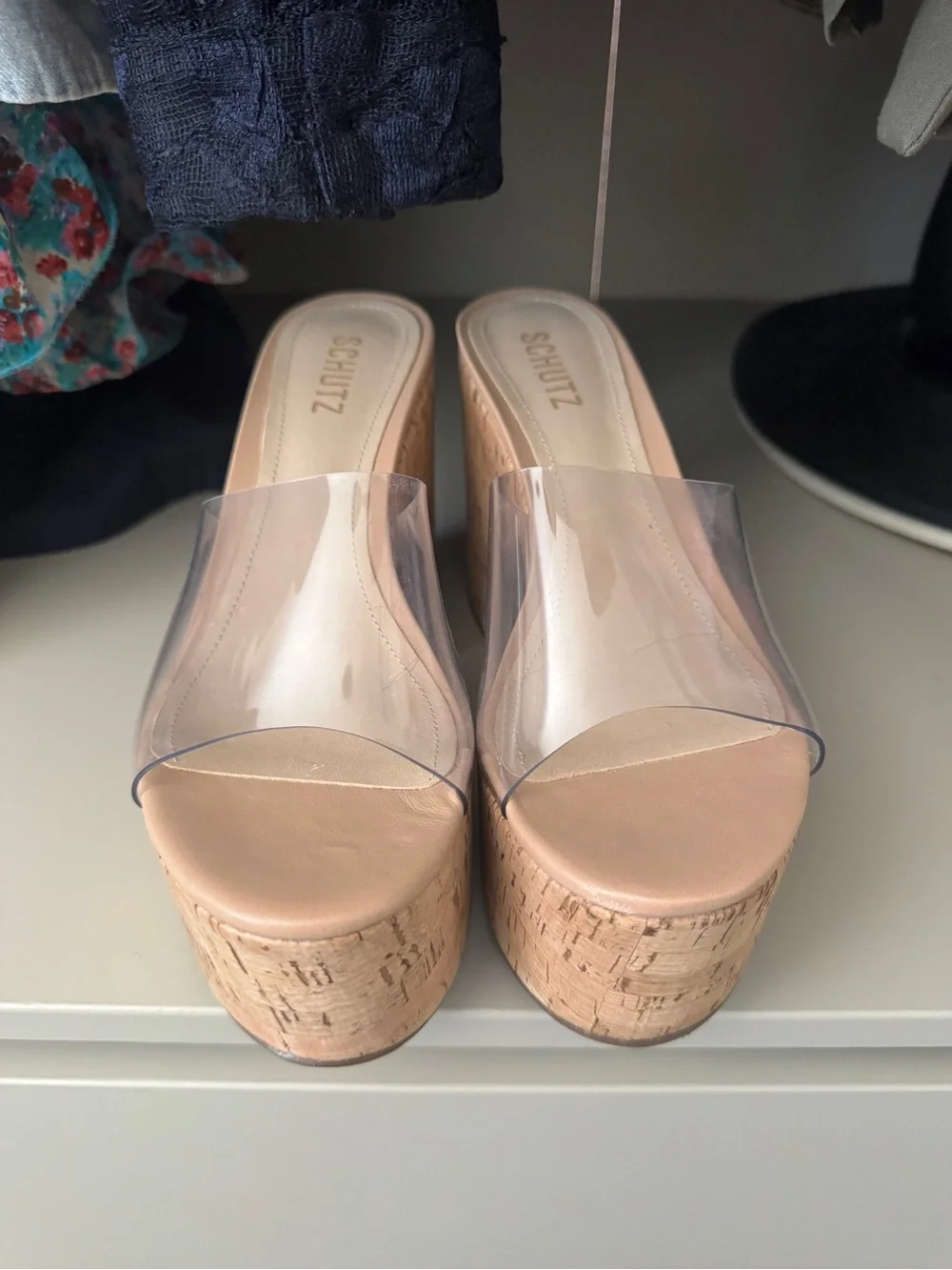 SCHUTZ Clear Strap Cork Platform Sandals in Nude